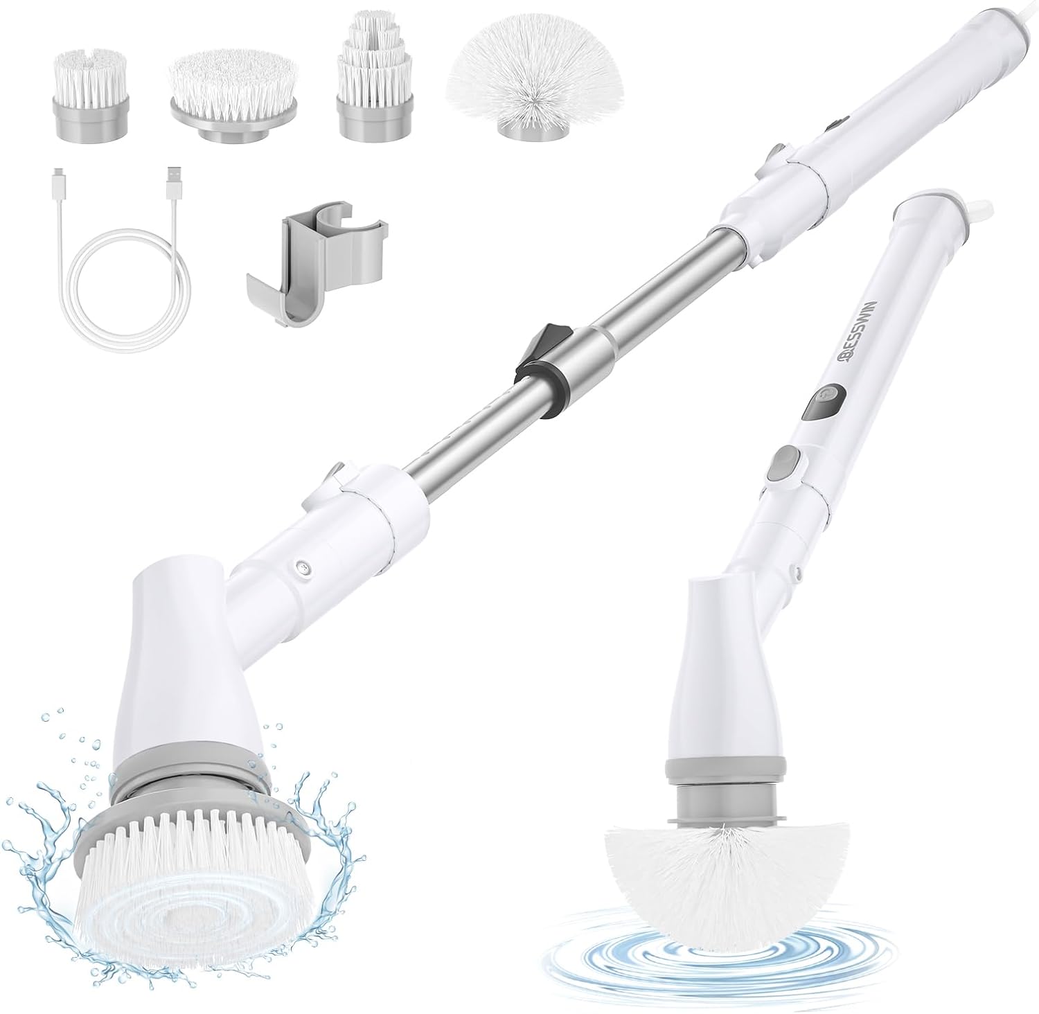 Besswin Electric Spin Scrubber, Cordless Shower Cleaner Brush with  Adjustable Extension, 4 Replaceable Cleaning Heads, Power Shower Scrubber  for